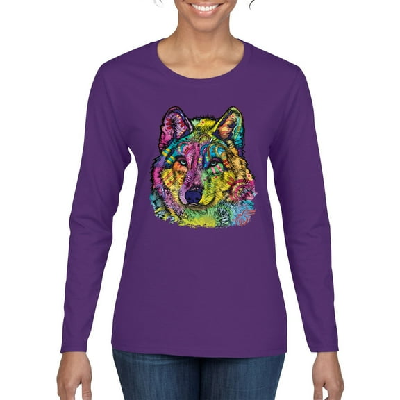 Colorful Majestic Neon Atric Wolf | Dean Russo Art Animal Lover Womens Long Sleeve T-Shirt, Purple, M