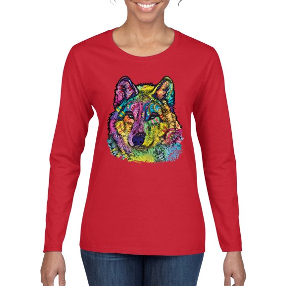 Colorful Majestic Neon Atric Wolf | Dean Russo Art Animal Lover Womens Long Sleeve T-Shirt, Red, M