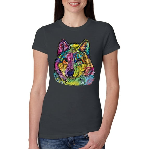 Colorful Majestic Neon Atric Wolf | Dean Russo Art Animal Lover Womens Slim Fit Junior Tee, Dark Grey, 2XL