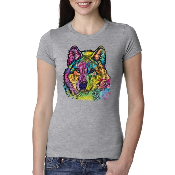 Colorful Majestic Neon Atric Wolf | Dean Russo Art Animal Lover Womens Slim Fit Junior Tee, Heather Grey, XL