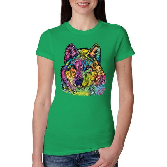 Colorful Majestic Neon Atric Wolf | Dean Russo Art Animal Lover Womens Slim Fit Junior Tee, Kelly, M