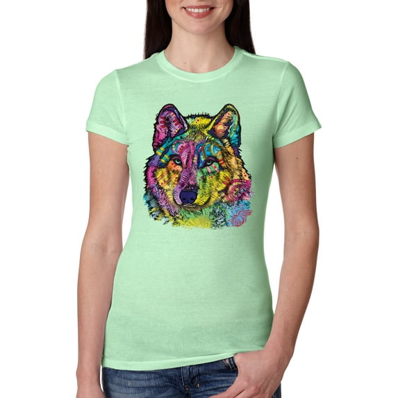 Colorful Majestic Neon Atric Wolf | Dean Russo Art Animal Lover Womens Slim Fit Junior Tee, Mint, XL