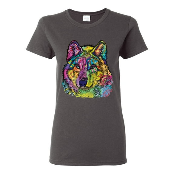 Colorful Majestic Neon Atric Wolf | Dean Russo Art Animal Lover Womens T-Shirt, Charcoal, L