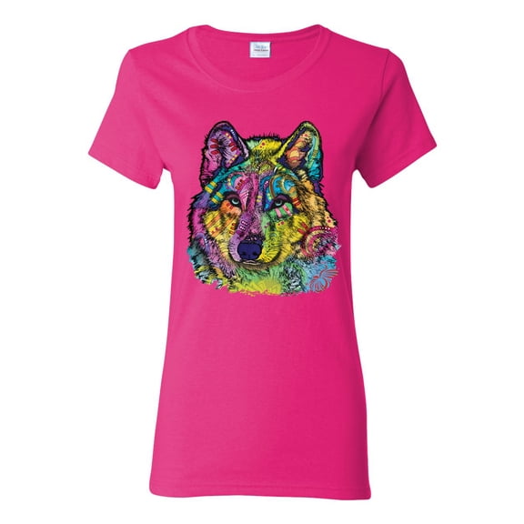 Colorful Majestic Neon Atric Wolf | Dean Russo Art Animal Lover Womens T-Shirt, Fuschia, M