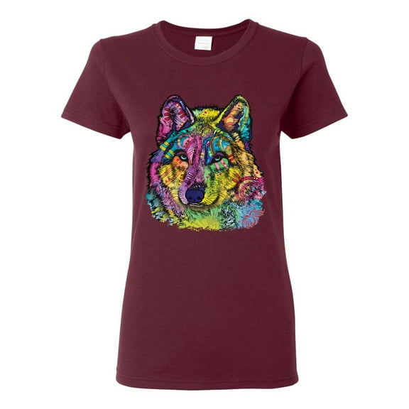 Colorful Majestic Neon Atric Wolf | Dean Russo Art Animal Lover Womens T-Shirt, Maroon, S