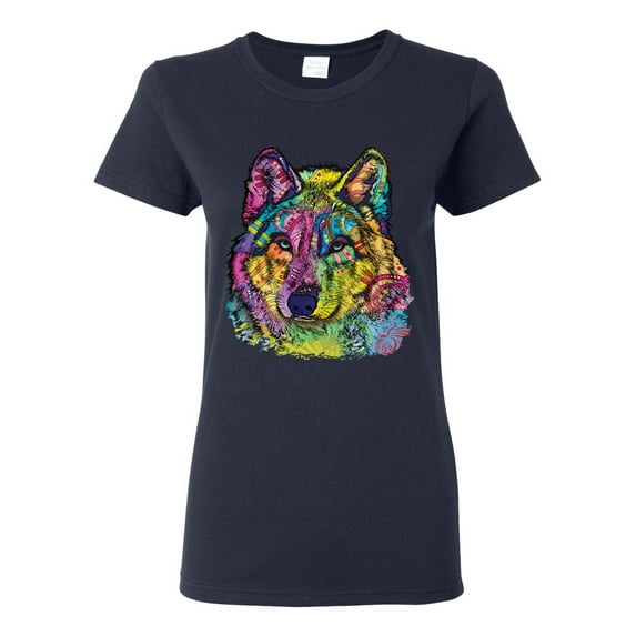 Colorful Majestic Neon Atric Wolf | Dean Russo Art Animal Lover Womens T-Shirt, Navy, S