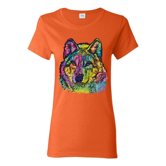 Colorful Majestic Neon Atric Wolf | Dean Russo Art Animal Lover Womens T-Shirt, Orange, L