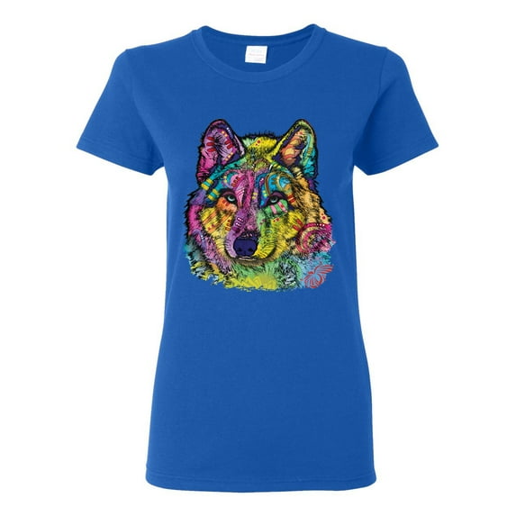 Colorful Majestic Neon Atric Wolf | Dean Russo Art Animal Lover Womens T-Shirt, Royal, 2XL