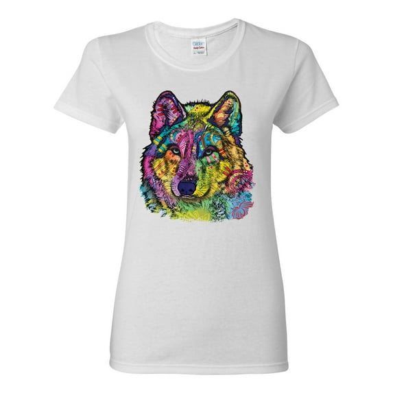Colorful Majestic Neon Atric Wolf | Dean Russo Art Animal Lover Womens T-Shirt, White, 2XL