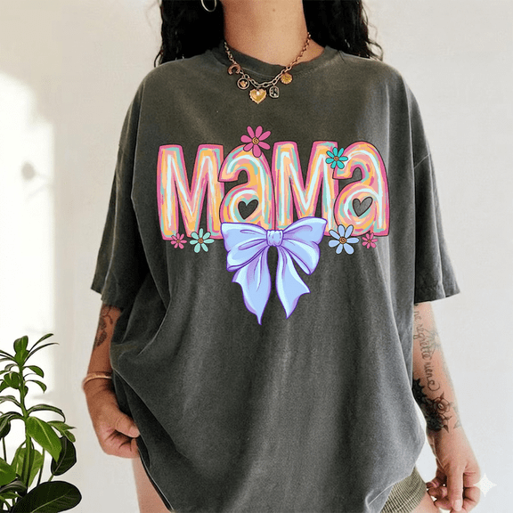 Colorful Mama Bow Tee – Cute Floral Graphic Shirt