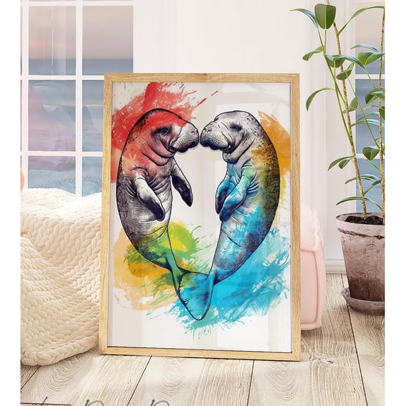 Colorful Manatee Love Sketch Romantic Florida Manatees Happy Sea Cow For Lover Heart Shaped Life Art Wall Art Print