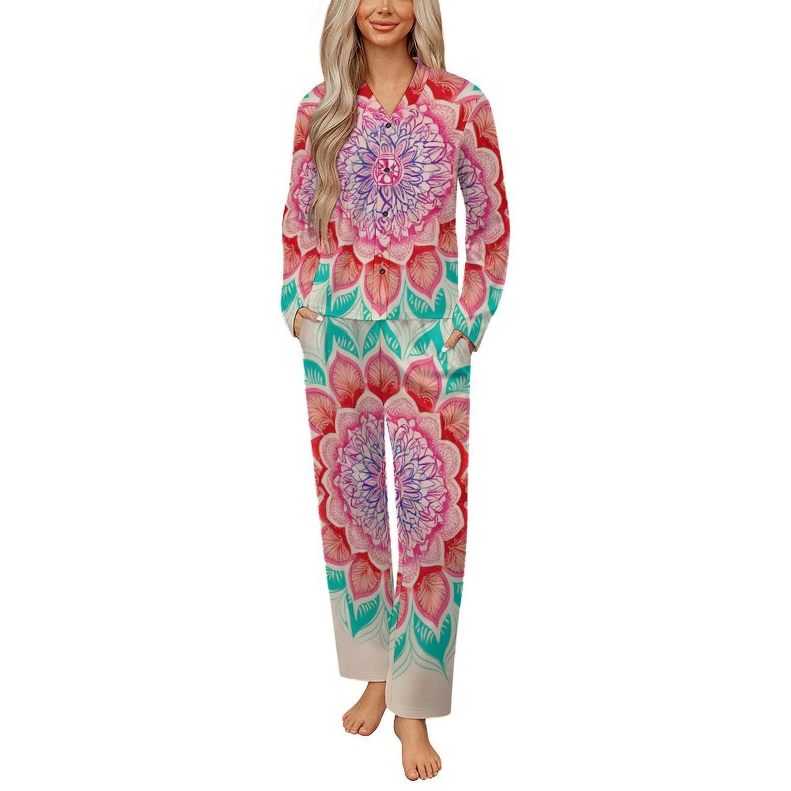 Pyjamas Colorful Colorful Mandala Art Print Womens Pyjamas Set Button Up Pyjamas Womens ...