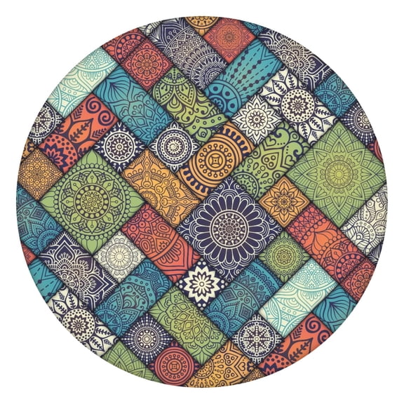 Colorful Mandala Boho Round Elastic Tablecloth, Waterproof and Durable for Dining or Picnic Table