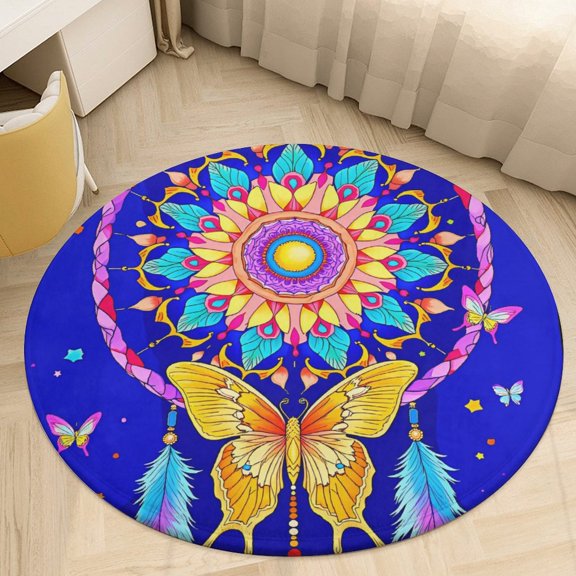 A Colorful Mandala with A Butterfly And Butterflies on A Blue Background_01 Round Area Rugs for Bedroom Living Room, 5FT Soft Indoor Circle Carpets, Carpet Home Decor Floor Mat
