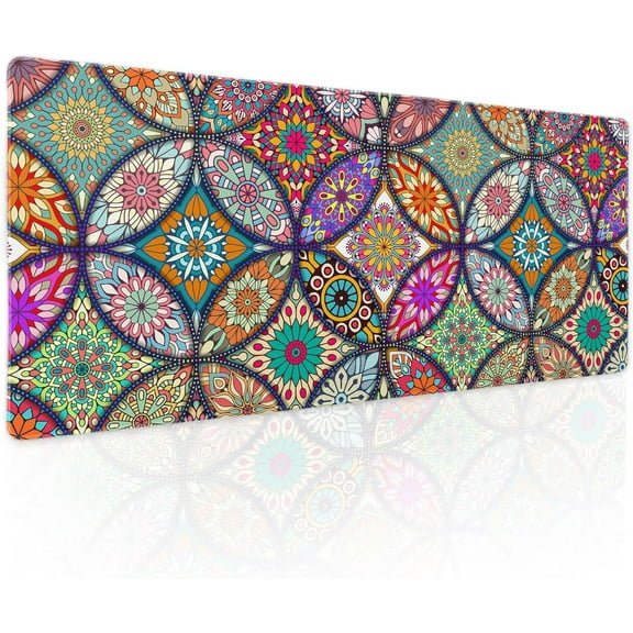 Colorful Mandala Gaming Mouse Pad XL Pretty Boho Bohemian Extended Big Large Desk Mat Non-Slip Rubber Base Stitched Edge Long Keyboard Mousepad for PC Computer Laptop,31.5×11.8 in