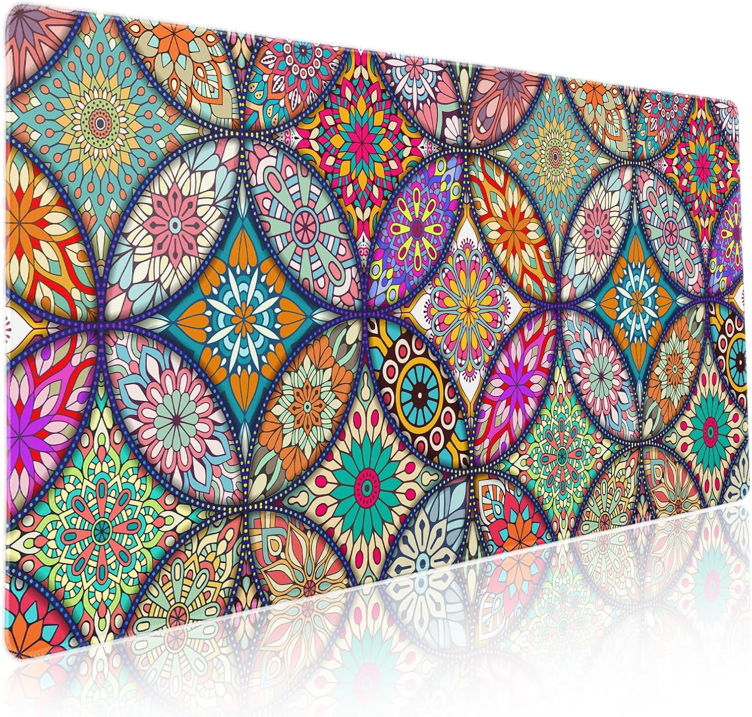 Colorful Mandala Gaming Mouse Pad XXL Pretty Boho Bohemian Extended Big Large Desk Mat Non-Slip Rubber Base Stitched Edge Long Keyboard Mousepad for PC Computer Laptop,35.4×15.7 in