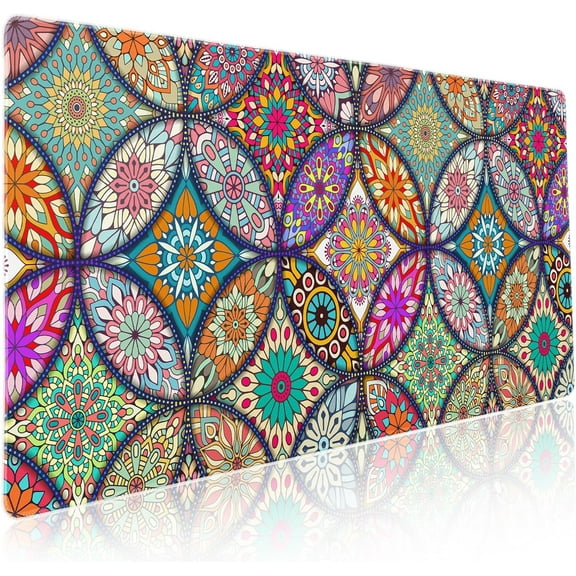 Colorful Mandala Gaming Mouse Pad XXL Pretty Boho Bohemian Extended Big Large Desk Mat Non-Slip Rubber Base Stitched Edge Long Keyboard Mousepad for PC Computer Laptop,35.4×15.7 in