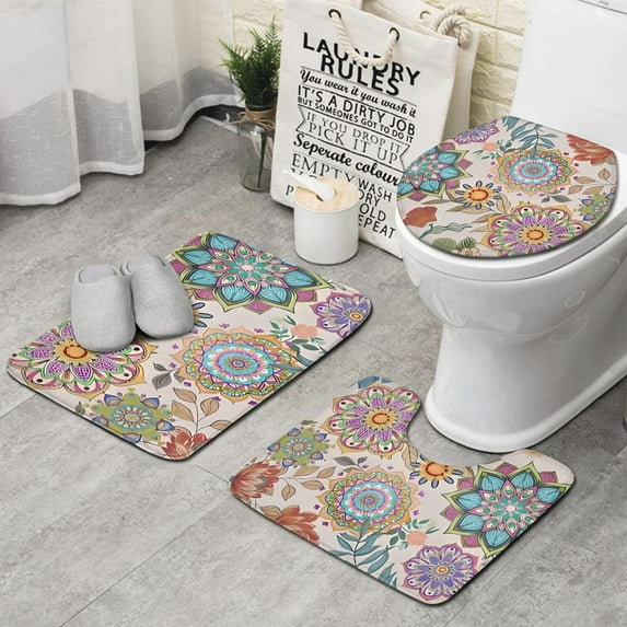 Colorful Mandala Pioneer Flower Pattern Bathroom Rugs Sets 3 Piece,Toilet Cover Set,Absorbent Non Slip Bathroom Mats Sets with U-Shaped Contour Rug Toilet Rug Set