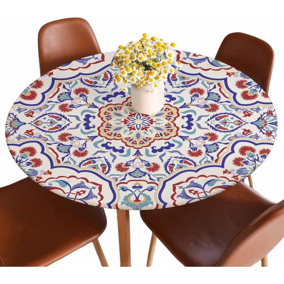 Colorful Mandala Round Tablecloth Vintage Decorative Flower Buds Blue Red Fitted Table Cover Washable Tablecloths for Kitchen Dining Party 40-44 inch