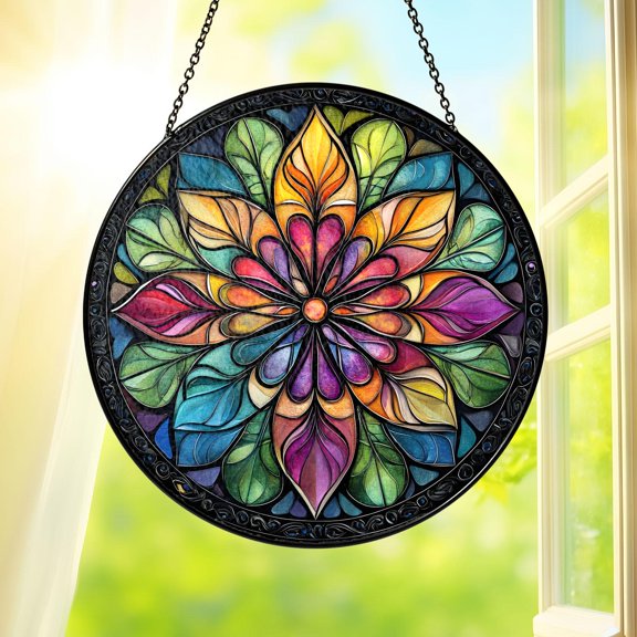 Colorful Mandala Stained Glass Suncatcher Round Window Hanging Home Decor Gift
