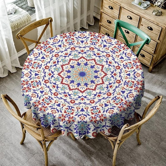 Colorful Mandala Tablecloth, Vintage Turkish Style Indian Blue Red Print Round Table Cloth Cover for Home Dining Room Kitchen Decor, Round(60x60in)