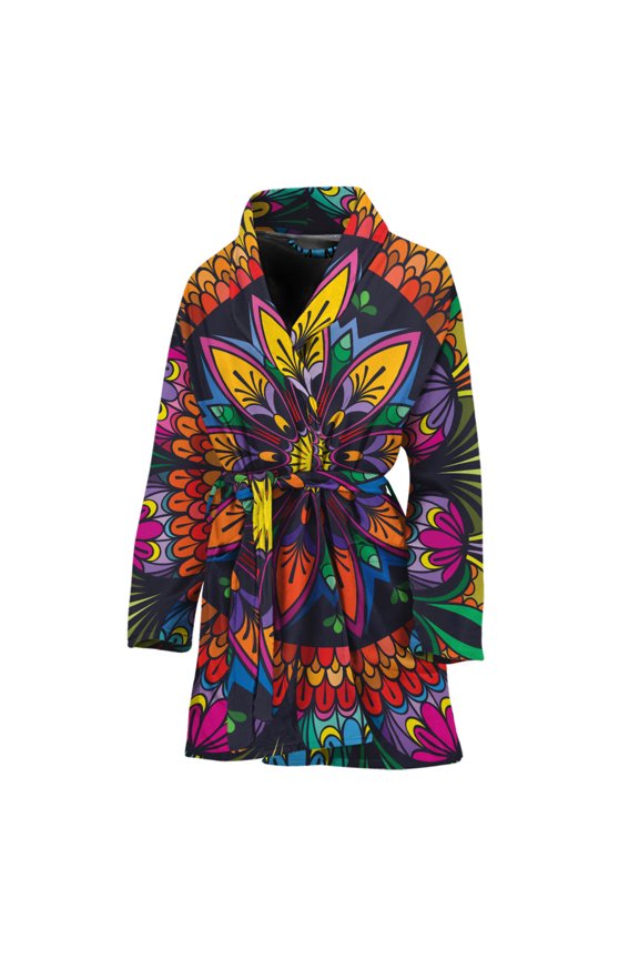 Colorful Mandala Women Bathrobe One Size Univeral Fits, Bohemian Mandala Yoga Boho Fashion Lightweight Plush Fleece Long Robe For Women