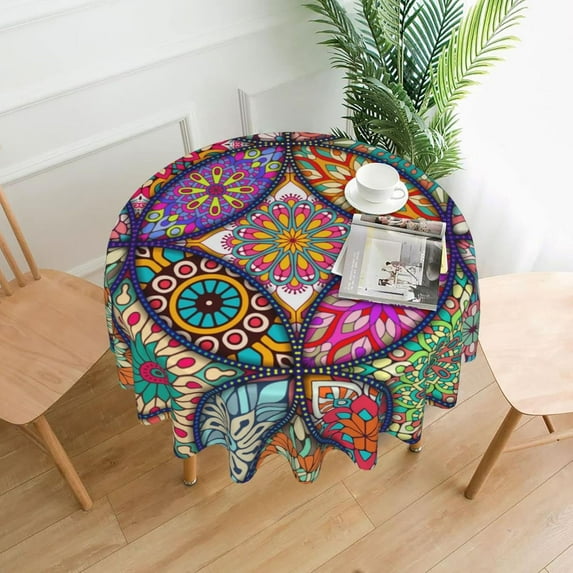 Colorful Mandalas Flower Tablecloth Round Table Cover Washable Polyester Table Cloth for Kitchen Party Picnic Dining Decor 60 Inch