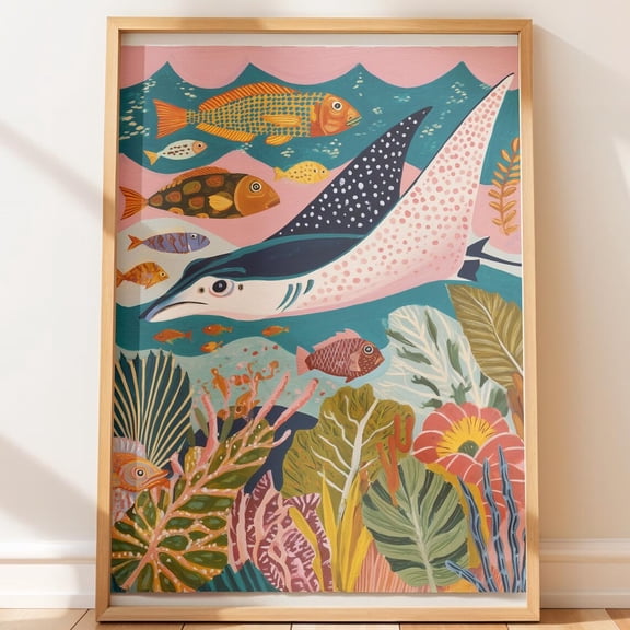 Colorful Manta Ray Wildlife Botanical Fish Decor Unframed Paper Print