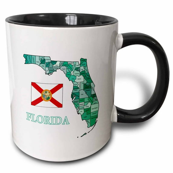 3drose, Colorful Map and Flag of Florida with All Counties Identified, 11oz Two-tone Black Mug