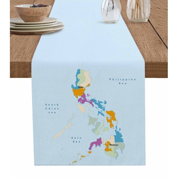 Colorful Map Burlap Cotton Table Runner 13x36 Inches Short, Modern Abstract Minimalist Illustration Art Farmhouse Table Runners, Outdoor Dining Tablecloths Decor for Baby Shower/Party/Wedding
