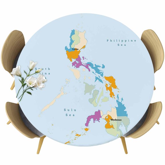 Colorful Map Round Tablecloth 55-60 Inch Round Fitted Table Cloth with Elastic Edge, Modern Abstract Minimalist Illustration Art Waterproof Table Cover Protector for Outdoor Picnic Party Dining
