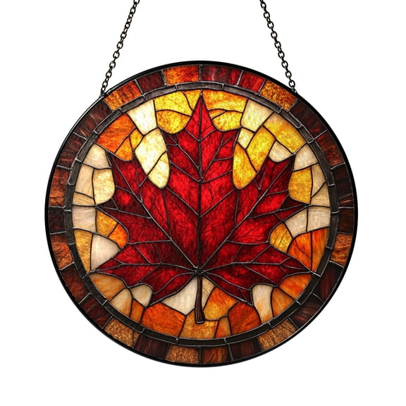 Colorful Maple Leaf Stained Glass Round Panel, Classic Autumn Window Decoration