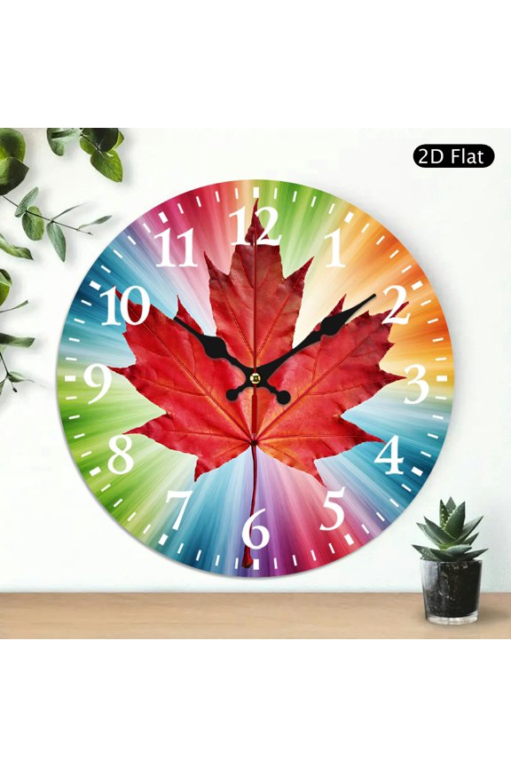 Colorful Maple Leaf Wall Clock Round Decorative Digital Clock For Home Office Decor 10x10 Inch 1pc Battery Not Included