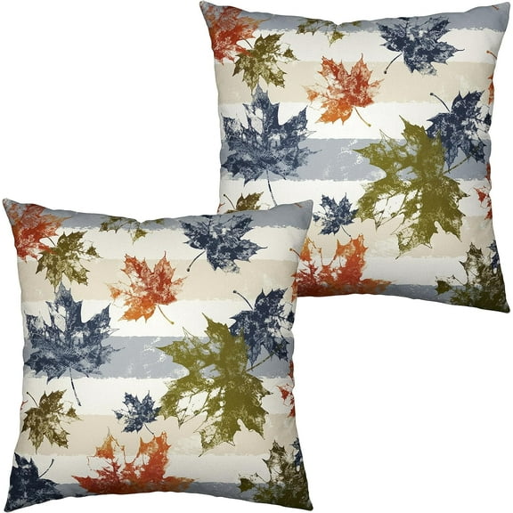 Colorful Maple Leaves Pillow Covers 18x18 Set of 2 Fall Pillow Covers Blue Beige White Stripes Decorative Pillow Cover Autumn Throw Pillow Covers for Patio Outdoor Indoor Couch