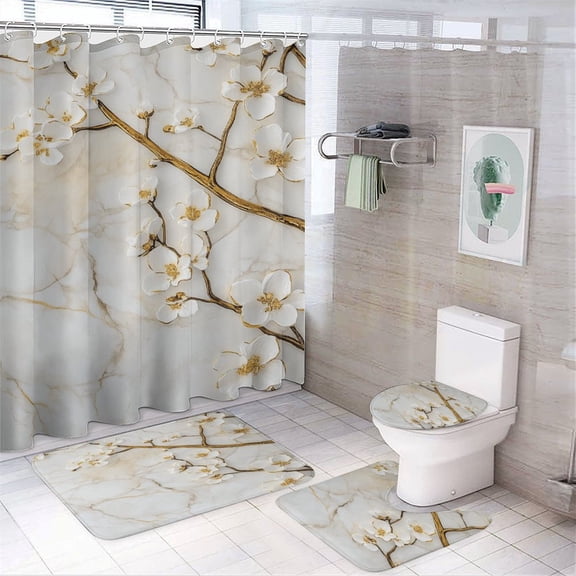 Colorful Marble (20) Shower Curtain Set 4PCs with Hooks Waterproof Bathroom Toilet Mat Lid Decor