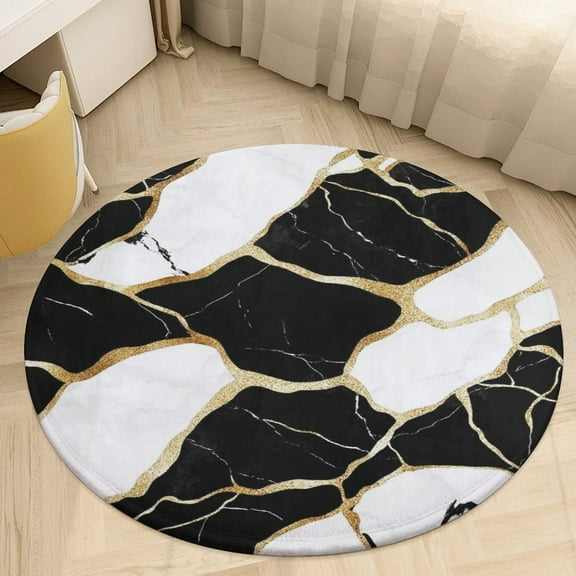 Colorful Marble Black Round Area Rugs for Bedroom Living Room, 3FT Soft Indoor Circle Carpets, Carpet Home Decor Floor Mat