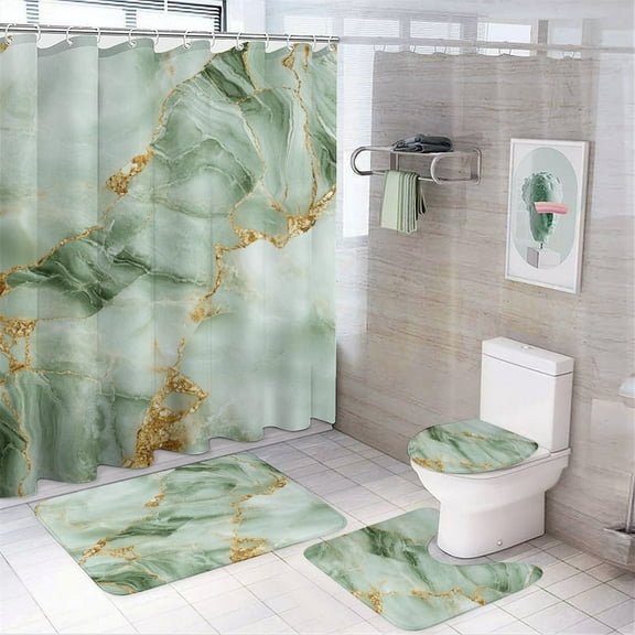Colorful Marble Green Gilding (70) Shower Curtain Waterproof Bathroom Curtain Anti-slip Bath Mat Set Toilet Rugs Carpet