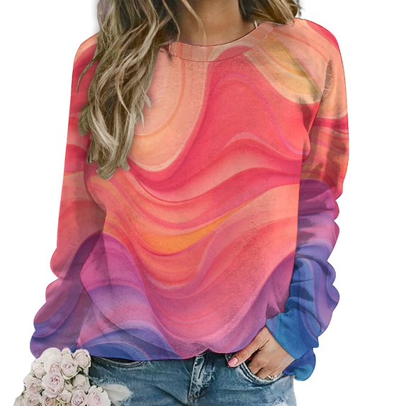 Colorful Marble Pattern Women's Floral Printed Sweatshirt Long Sleeve Crewneck Casual Loose Vintage Graphic Pullover Tops