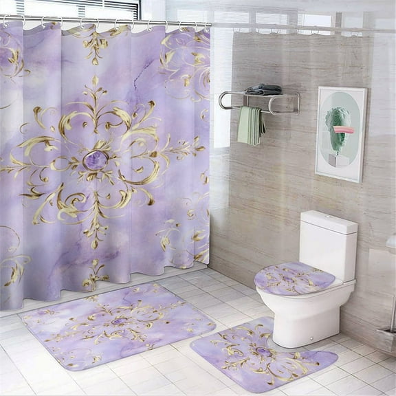 Colorful Marble Purple Gilded Gold (28) Shower Curtain Waterproof Bathroom Curtain Anti-slip Bath Mat Set Toilet Rugs Carpet 4pcs