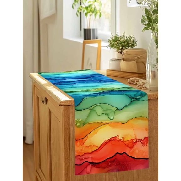 Colorful Marble Rainbow Wave Table Runner 36 Inches Long,Kitchen Dining Tablerunners Abstract Geometric Modern Art Linen Table Runners Dresser Scarves for Home Dinner Wedding Holiday Party Decor