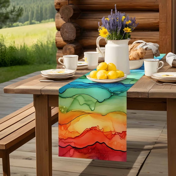 Colorful Marble Rainbow Wave Table Runner 60 Inch Long Abstract Geometric Modern Art Table Runners Linen Burlap Tablerunner for Kitchen Dining Room Holiday Party