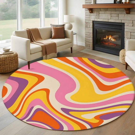 Colorful Marble Round Area Rug 6Ft Washable Circle Rugs for Bathroom Office, Modern Funny Rainbow Stripes Art Non-Slip Carpet Floor Mats Indoor Outdoor Carpet Runner Aesthetic Home Decor