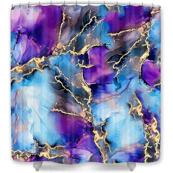 Colorful Marble Shower Curtain Cool Gold Crack Dark Blue Purple Shower Curtain Set, Abstract Trippy Waterproof Shower Curtain Marble, Hooks Included