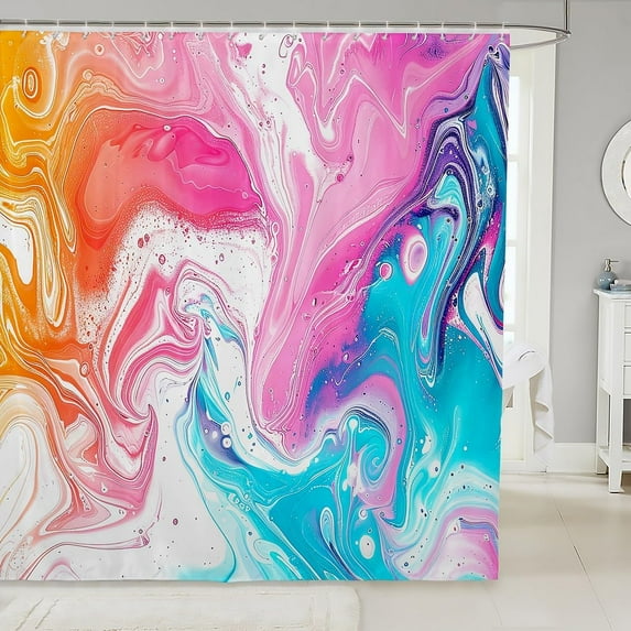 Colorful Marble Shower Curtain Pastel Pink, Teal, Orange Abstract Art Bright Girly Bath Curtain Waterproof Decor for Clawfoot Tub and Toilet Mat Adds a Pop of Color and Fun to Any Bathroom Includes Ho