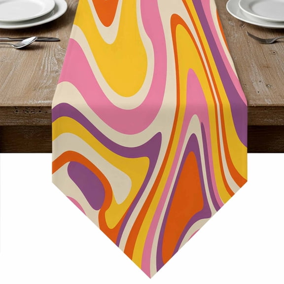 Colorful Marble Table Runner Linen Burlap Table Runner 60 Inches Long Modern Funny Rainbow Stripes Art Dresser Scarves for Kitchen Island Coffee Dining Party Wedding Banquet Holiday Decor 13"x60"
