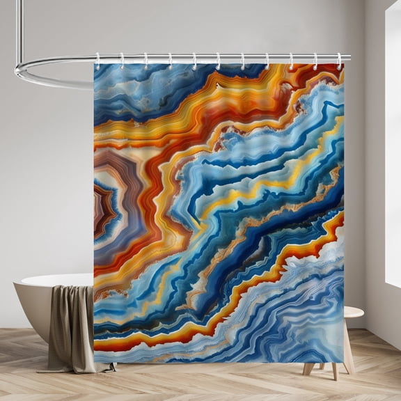 Colorful Marbling Shower Curtains Abstract Marble Pattern Waterproof Bathroom Curtains with Hooks, Unique Orange Blue Marbling Themed Bathroom Decor