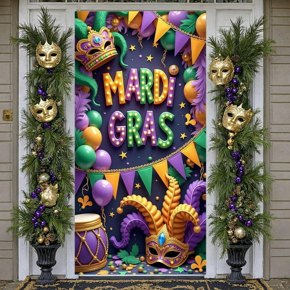 Colorful Mardi Gras Banner Feather Carnival Backdrop Mask Purple Green Gold Festival Background for Mardi Gras Celebration Carnival Party Festival Event
