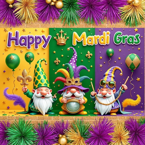 Colorful Mardi Gras Banner Golden Crown Carnival Display Fleur-de-lis Pattern Jester Hats Happy Mardi Gras Backdrop for Mardi Gras Party Festival Celebration Indoor Decoration