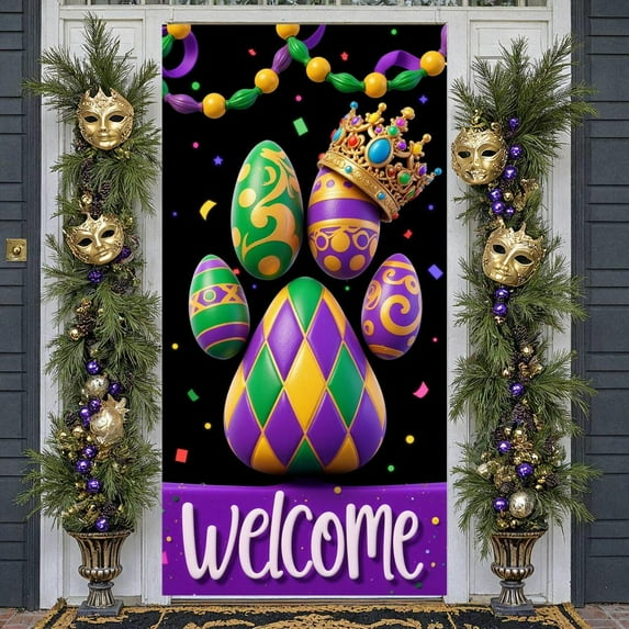 Colorful Mardi Gras Banner Purple Green Gold Festive Display Crown Design Welcome Text Egg Decor Backdrop for Mardi Gras Party Festive Celebration Welcome Event
