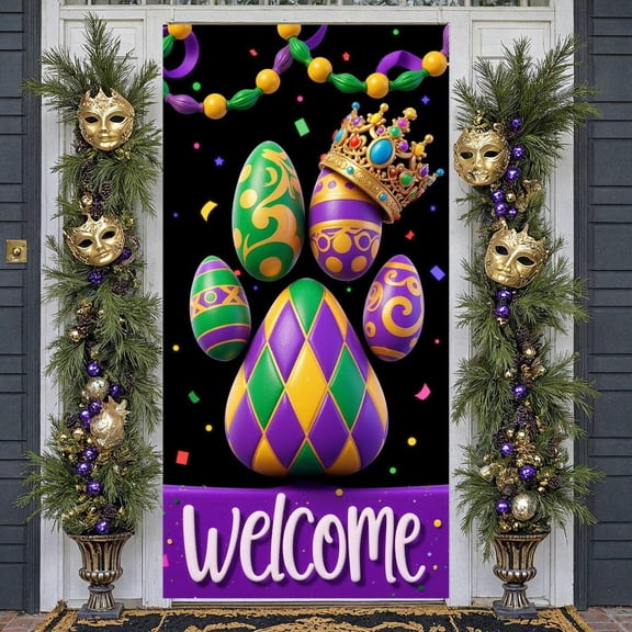 Colorful Mardi Gras Banner Purple Green Gold Festive Display Crown Design Welcome Text Egg Decor Backdrop for Mardi Gras Party Festive Celebration Welcome Event
